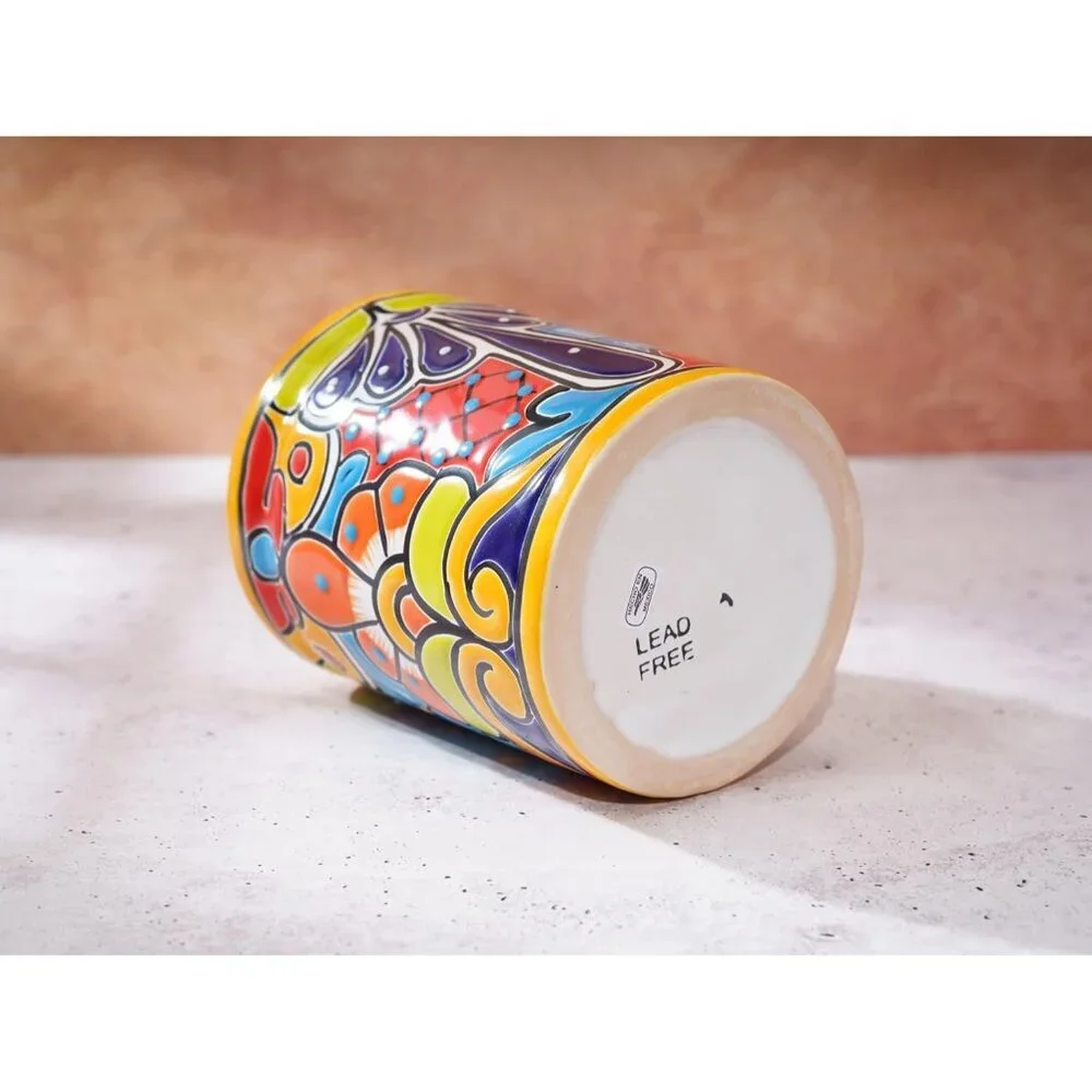 Medium Ceramic Utensil Holder Marigold Yellow Hand Painted Mexican Pottery Crock
